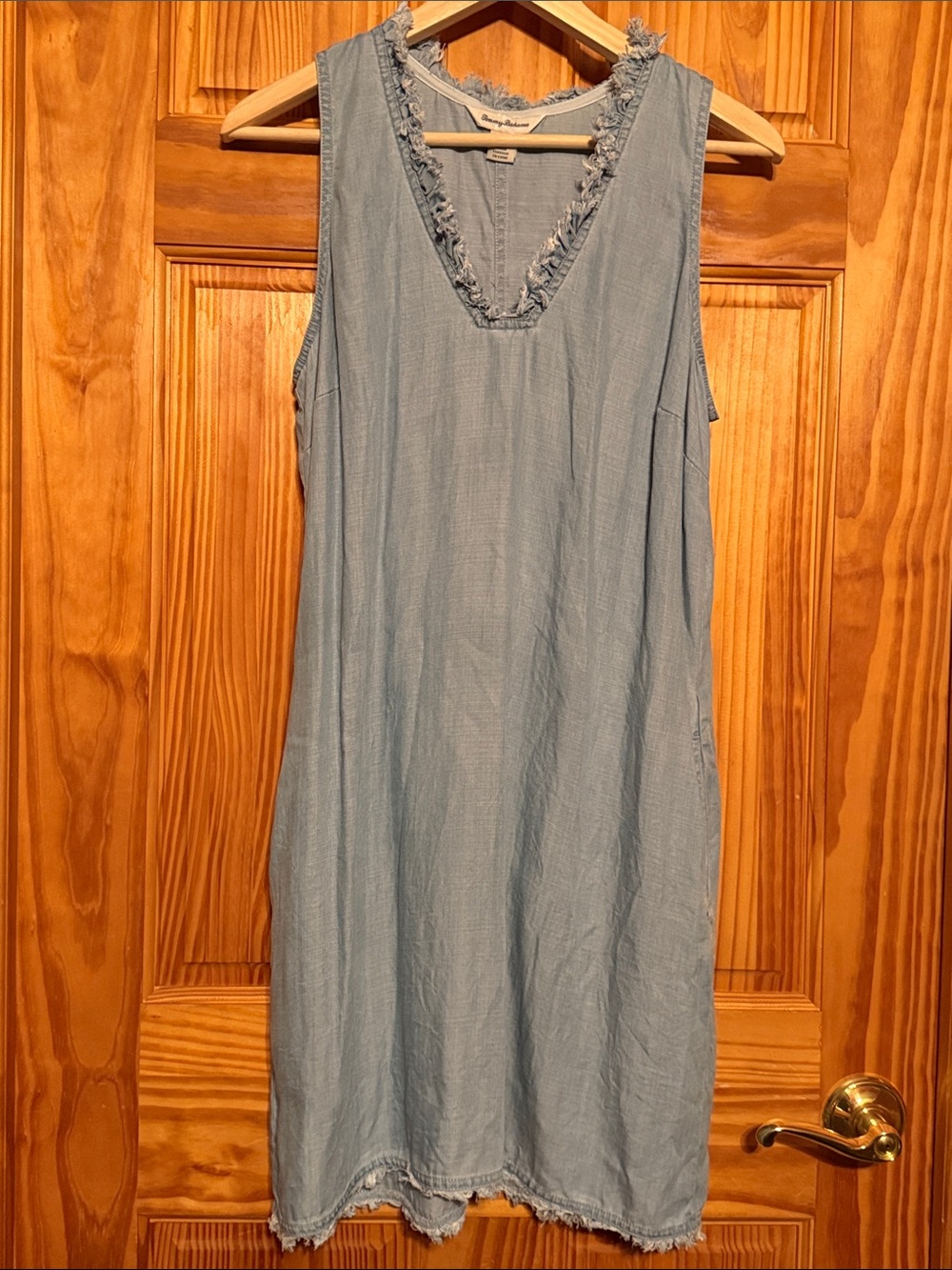 Tommy Bahama Light Blue Sleeveless Fringe-Trim Denim Dress